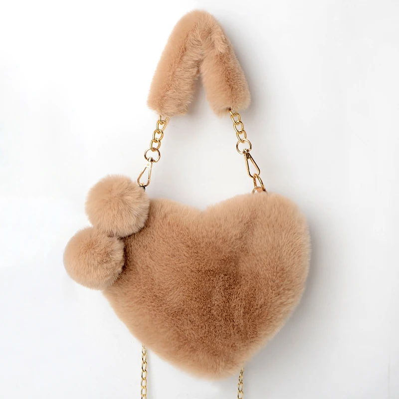 

Faux Rabbit Fur Heart Shape Small Hand Bags Girls Lovely Crossbody Ladies Tote Women Shoulder Handbags with Plush Ball Pendant