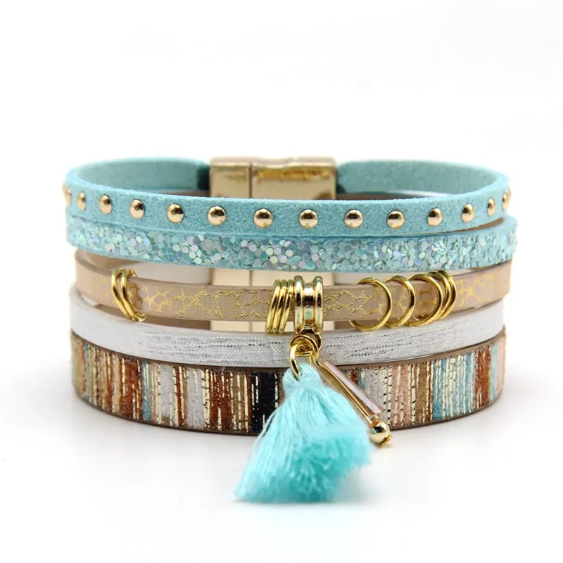 

Bohemian Ethnic Style Colorful Leather Cuff Wrap Bracelet Multi Strand Genuine Leather Magnet Buckle Bracelet For Women Men
