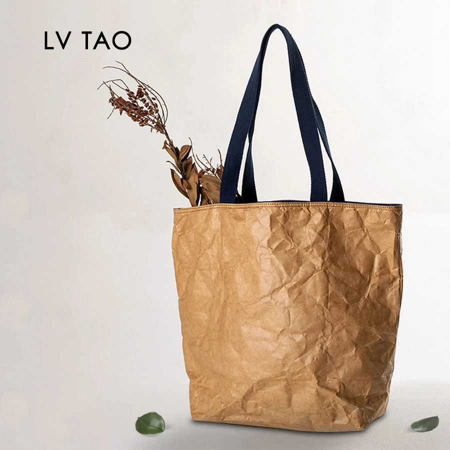 

In Stock Washable TYVEK Kraft Paper Shopping Bag Single Shoulder Handbag DuPont Paper Tote Bag With Cotton Linen Lining