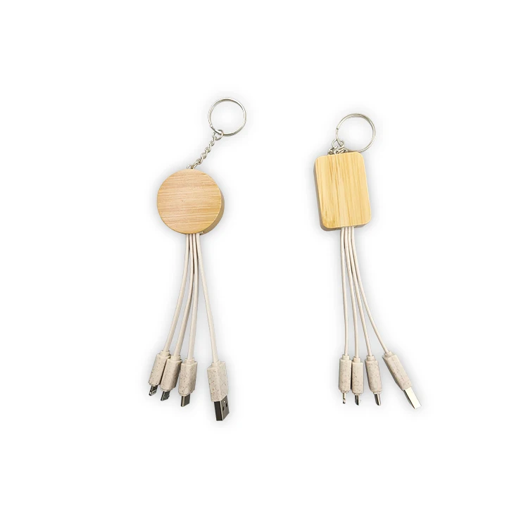 

Environmental Friendly Gadget Bamboo Charging Cable With Keychain 3 in 1 Data Cord