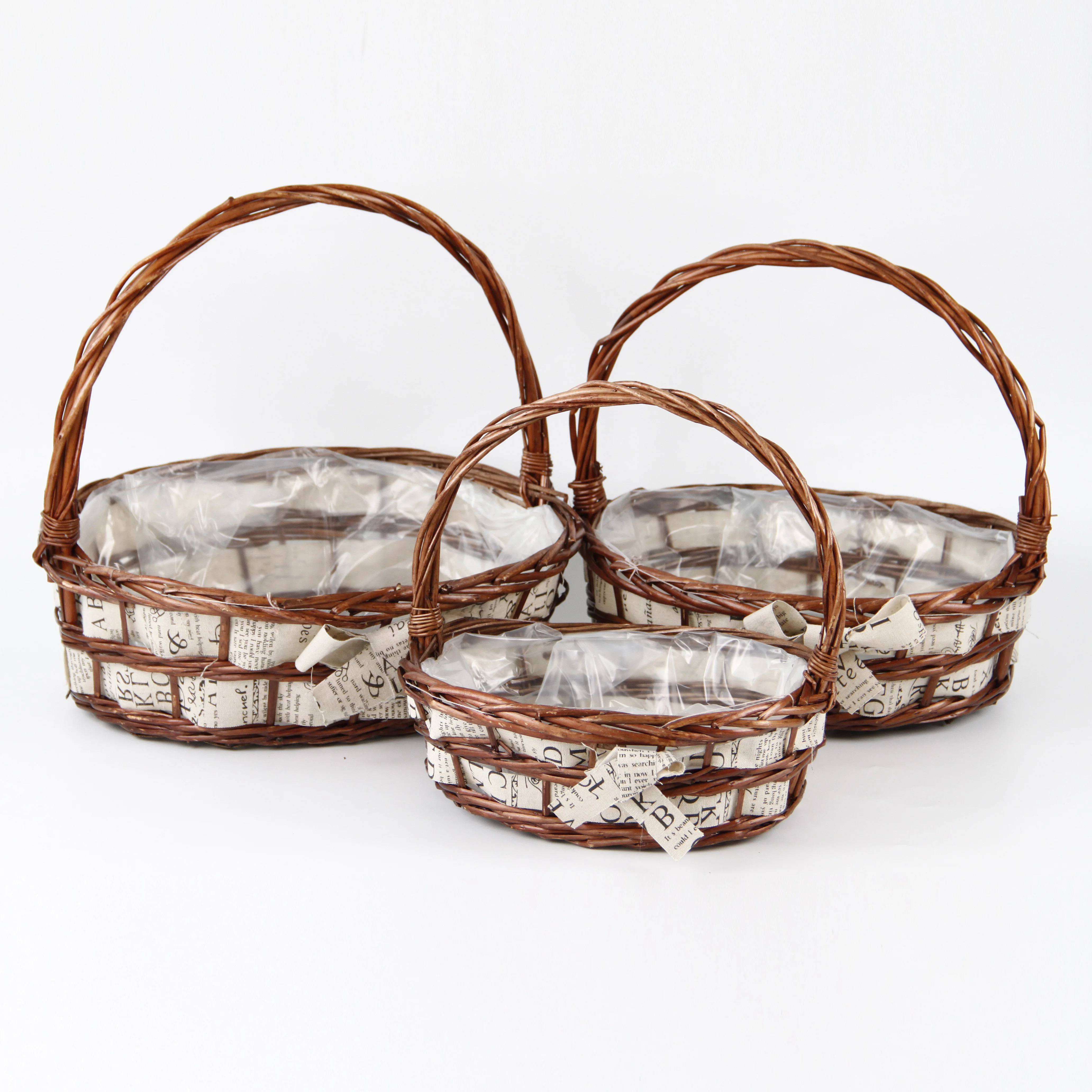 

High Quality dyeing Round Wicker Brown Storage Flower Pot Baskets with plastic bag Handles