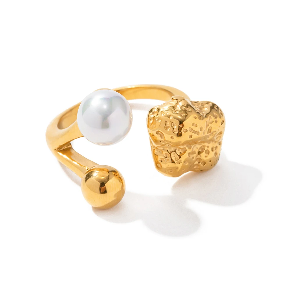 

Stainless Steel 18K Gold Plated Opening Ring Gift Waterproof Flower Shell Pearl Texture Rings for Girls