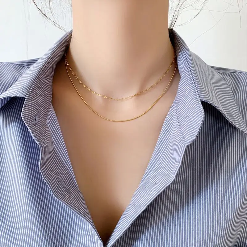 

Women Stainless Steel Jewelry Snake Chain Layering Necklace Gold Thin Lips Clavicle Chain Choker Necklace