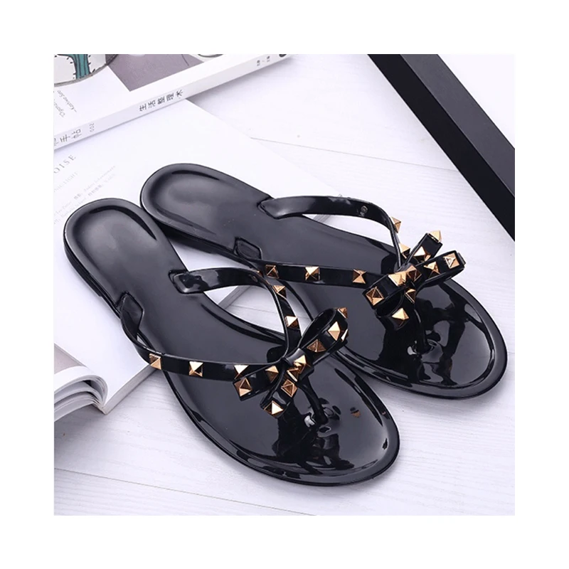 

Women PVC Rivet Bow Jelly Beach Slipper Flip Flop Straps Slippers, As picture