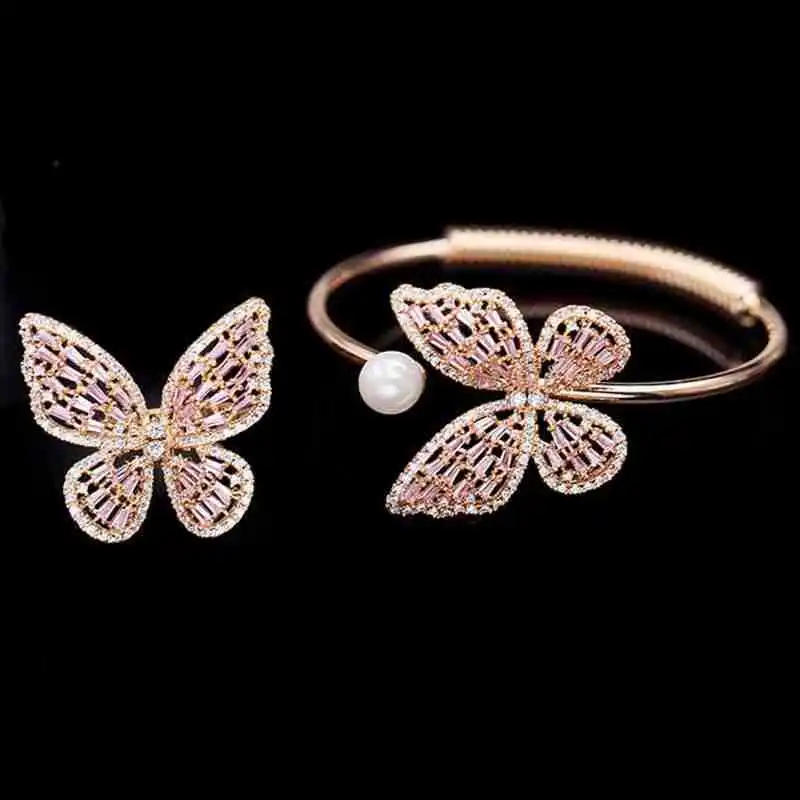 

2021 New Arrived 18K Gold Plated Crystal Opening Bracelet Trendy Personalized Iced Out CZ Bangle Butterfly Zircon Bracelets