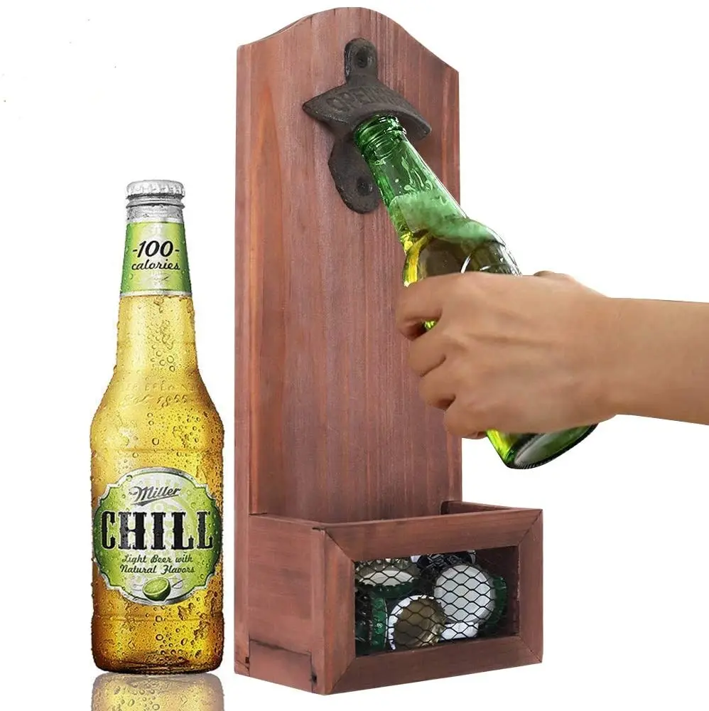 

Bottle Opener Vintage Wooden Wall Mounted Beer Opener with Catcher Perfect tool can apply in Kitchen , Bar , Yard