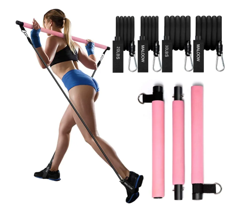 

3 Section Portable Pilates Bar Stick Kit with Resistance Band, Total Body Workout Toning Bar with Foot Loop and User Guide, Pink, blue, purple