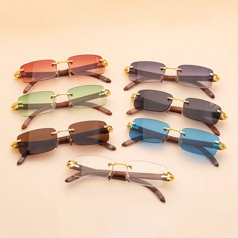 

2021 Retro Rimless Square Rectangle Unisex Sunglasses Fashion Hot Sale Men Eyewear Frames Wooden Temple Sun Glass