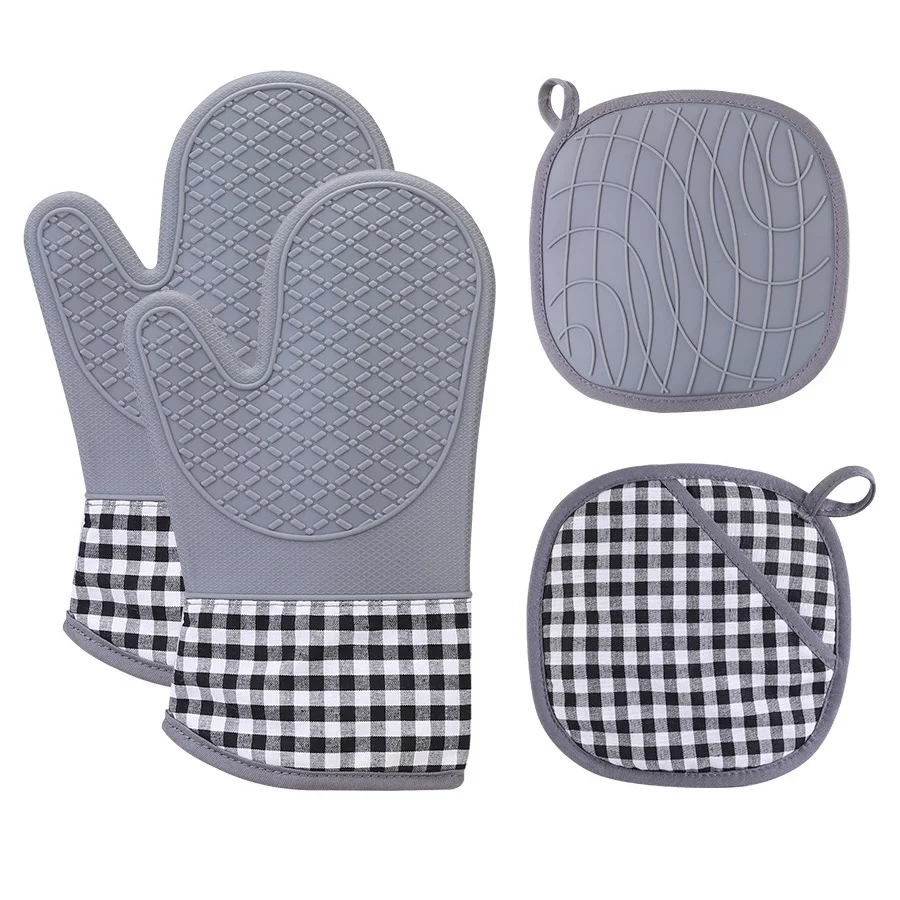 

Silicone Oven Mitts and Pot Holders Set 500 Heat Resistant Oven Gloves Flexible Kitchen Cooking Baking Grilling Microwave oven m, Grey