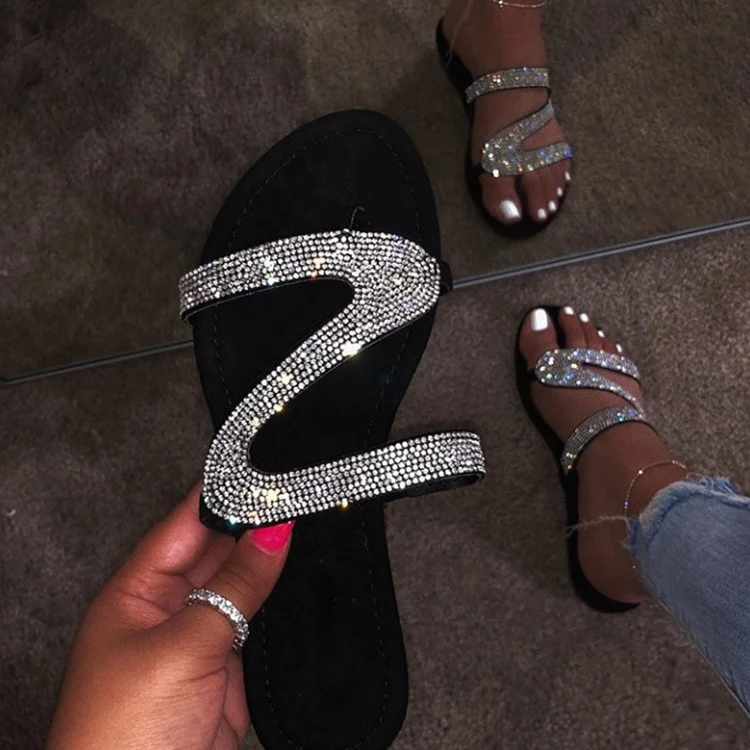 

MD-2021010512 Summer flat slippers comfortable shiny women rhinestones sandals shoes, 3 colors