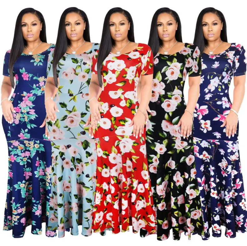 

No MOQ Stylish Amazon Digital Print Maxi Dress Fashion Flower Slim Fit Long Skirt Short Sleeve Dresses Elegant Apparel, As picture