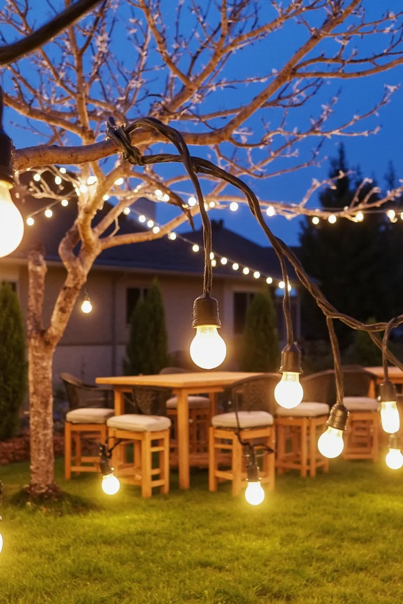 Dimmed string lights creating cozy mood
