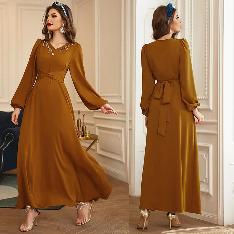 

Dubai Turkey Kaftan Muslim Casual Vestido Robe mujer Vintage V neck Solid Maxi Party Prom Long Maxi Dresses Musulman De Mode, Customized color