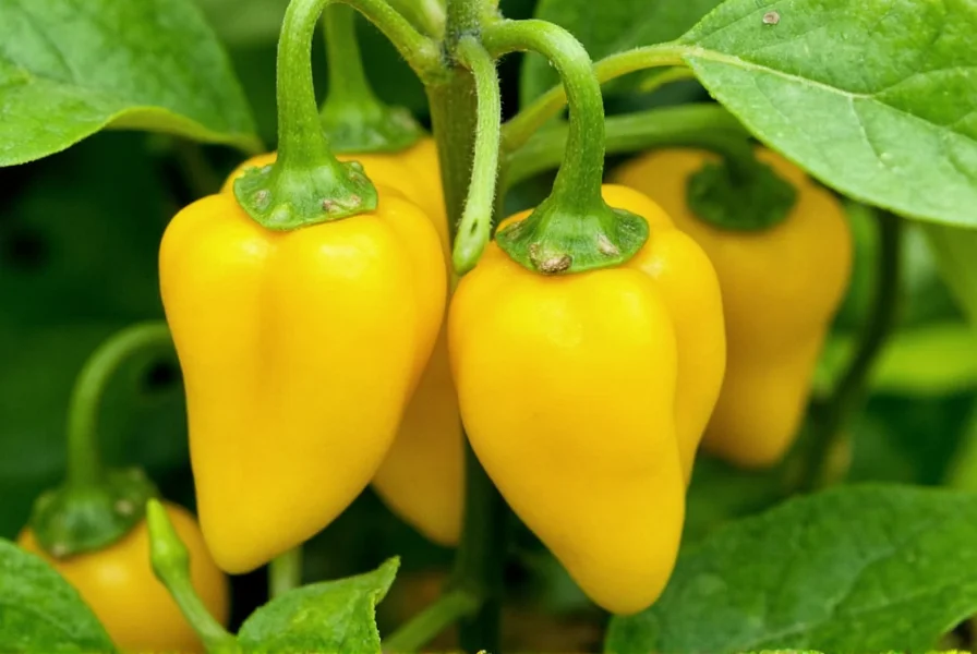Aji Lemon Drop Peppers auf der Pflanze mit grünen Blättern