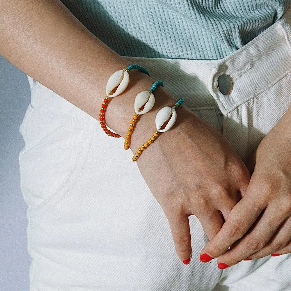 

Boho Ethnic Handmade Elastic Gold and Multicolor Seed Beaded Bracelet Natural Sea Cowrie Shell Bracelet