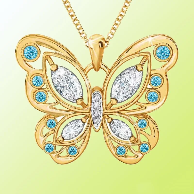 

Exquisite Fashion Insect Shape Ladies Elegant Pendant Jewelry Blue Gemstone Horse Eye Diamond Butterfly Necklace