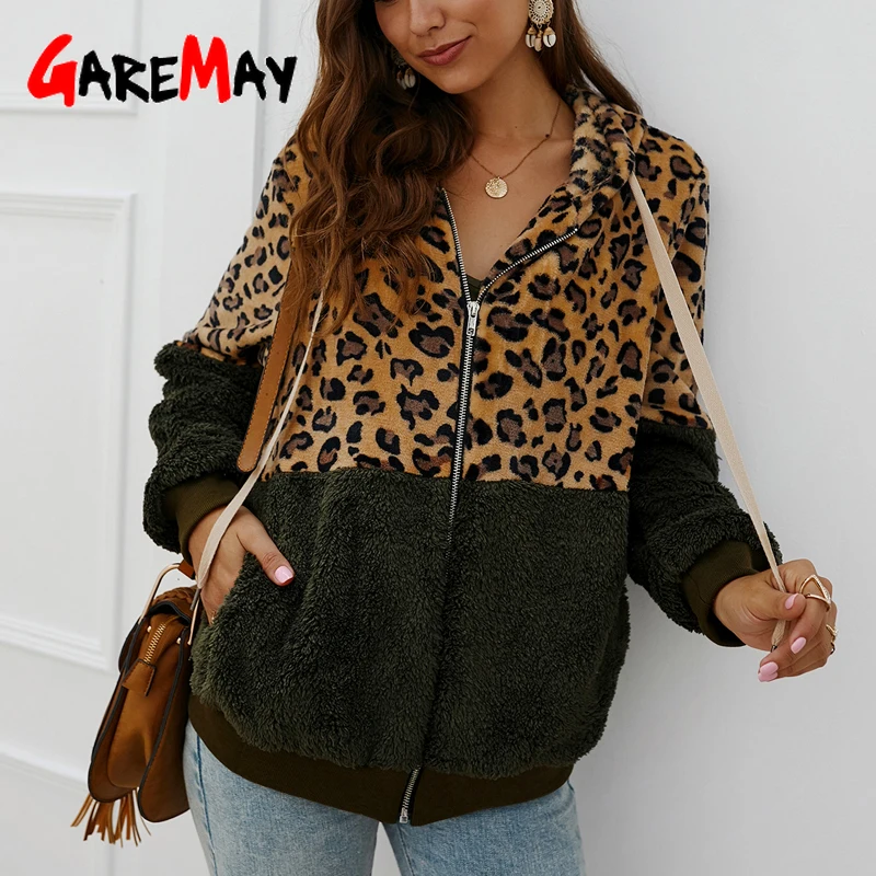 

Leopard Faux Fur Coat Women Winter Warm Fleece Sweatshirt Zipper Hoodie Outerwear Splice Oversized New Imitation Fur Coat Female