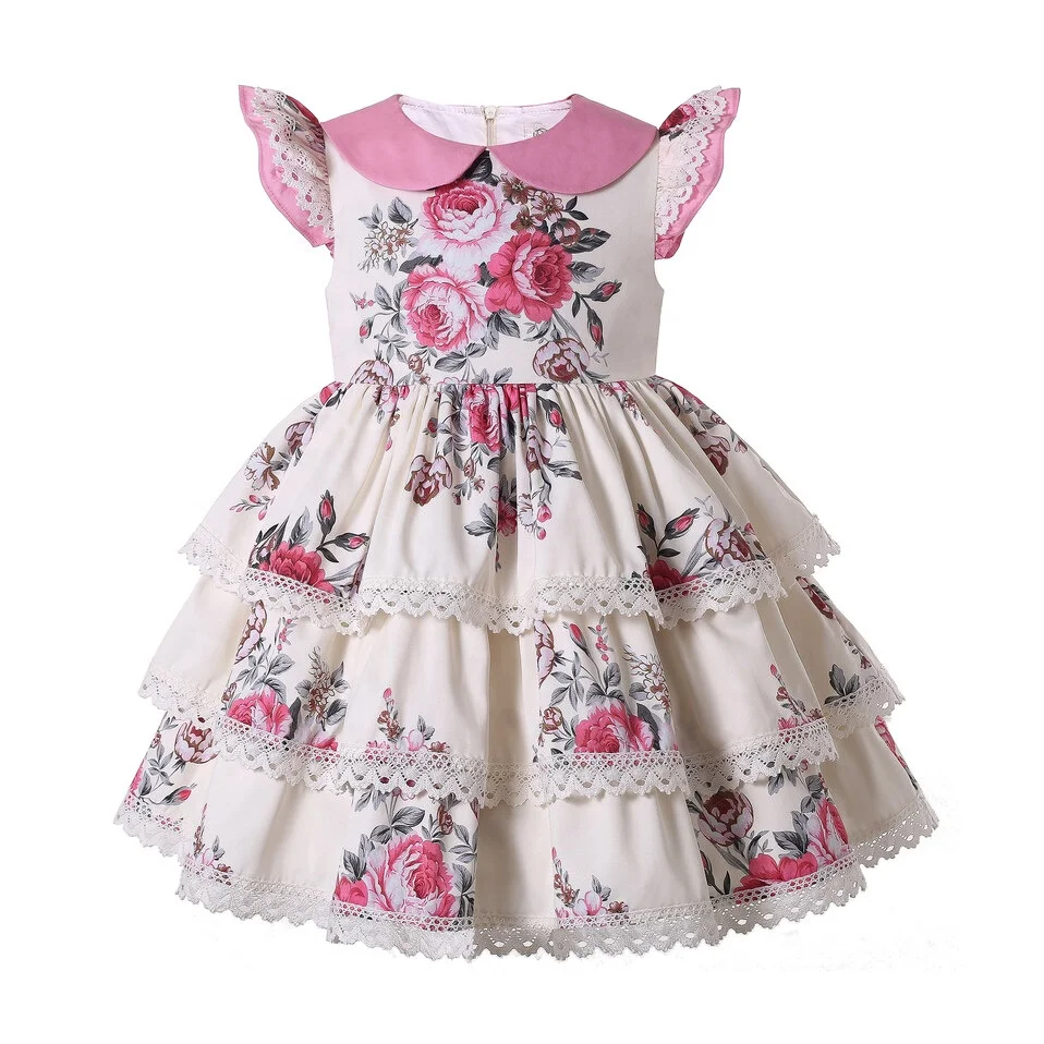 

Pettigirl Latest Doll Collar Floral Dresses for Girls Summer Clothes Simple Flower Girl Layered Dresses