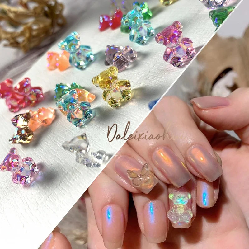 

12 colors 3D Manicure Cute Bear Jewelry Aurora Symphony Plastic Resin Rhinestone Nails Glitter DIY Bear Nail Art Charms, Multi color