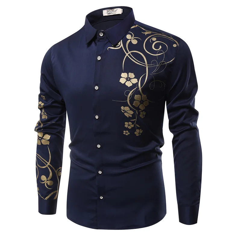 

Wholesale fashion men's long sleeve shirt black office full sleeve shirt dress business party printed shirt