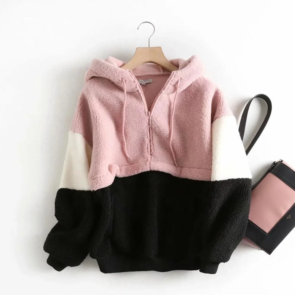 

B61927A patchwork color short jacket fashion women winter coats zipper fly hoodie