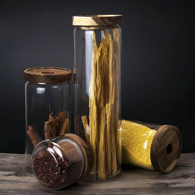 Kitchen storage glass jar with wood lid glass container with wooden lid