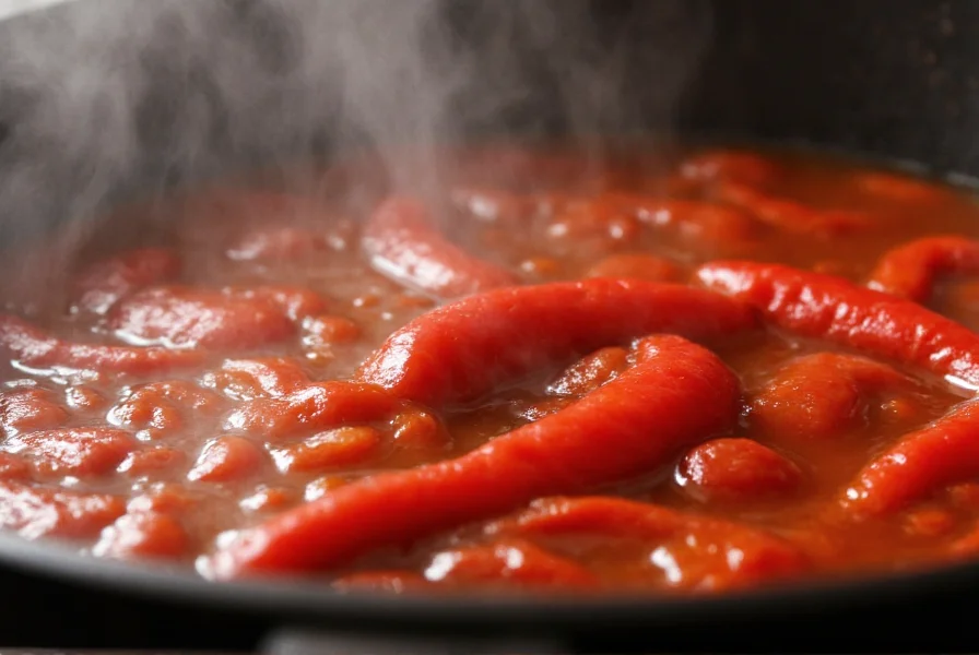 Close-up of chili simmering in a pot with steam rising, showing natural reduction process