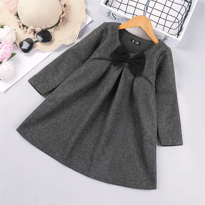 

Long Sleeve Girls' Dresses Spring Autumn Children Clothes Round Neck Baby Kids Wear with Bowknot Girls Fall Dress, Grey