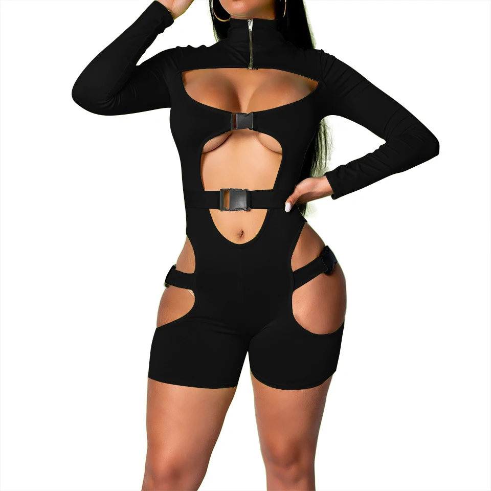 

New women hollow out playsuit women club turtleneck fitness push up skinny casual long sleeve bodysuit jumpsuit, Customized colors