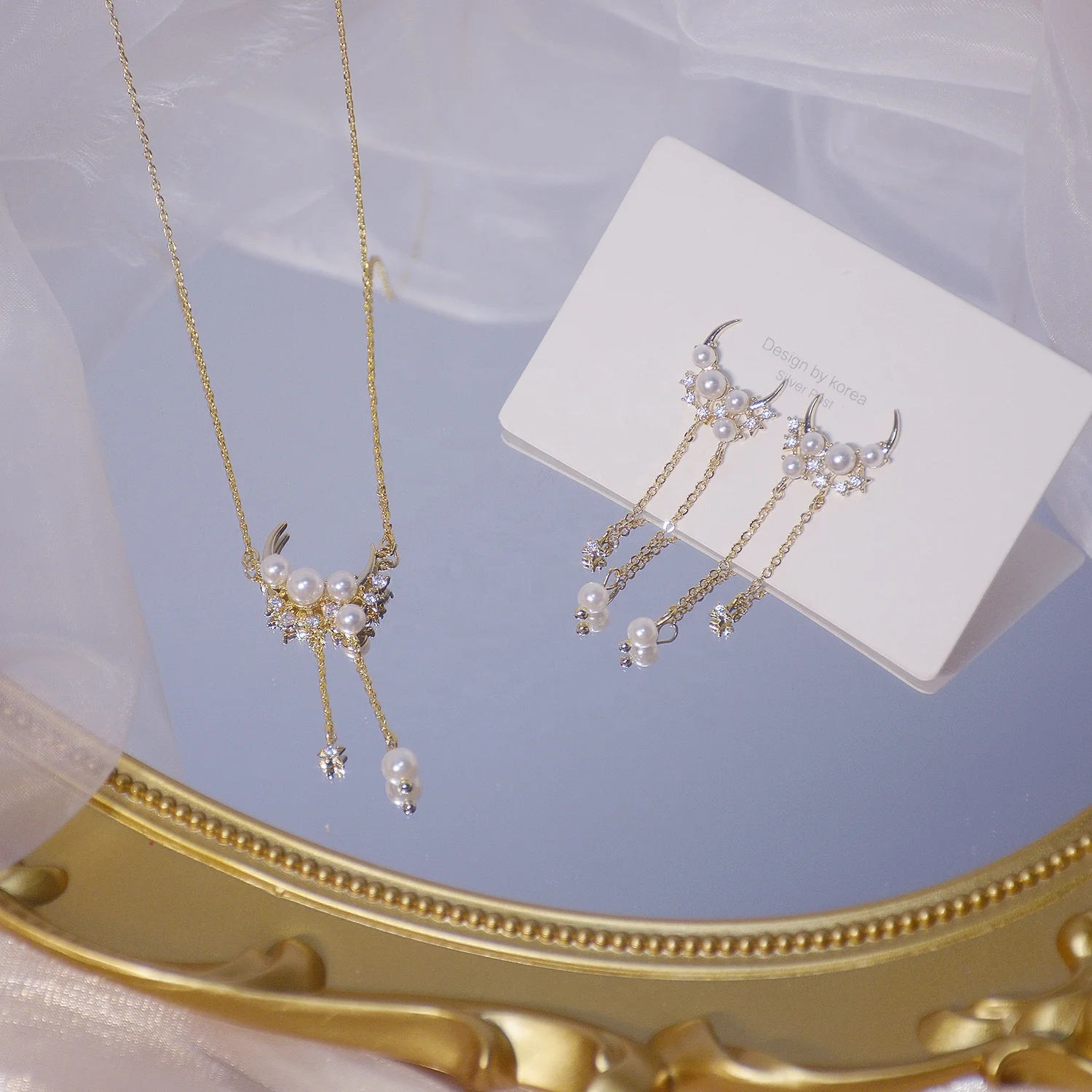 

Korean New Arrival 14K Real Gold Moon Pearl Necklace Micro Inlaid AAA Zircon Tassel Kolye Bohemia Jewelry Pendant Birthday Gift, As pics