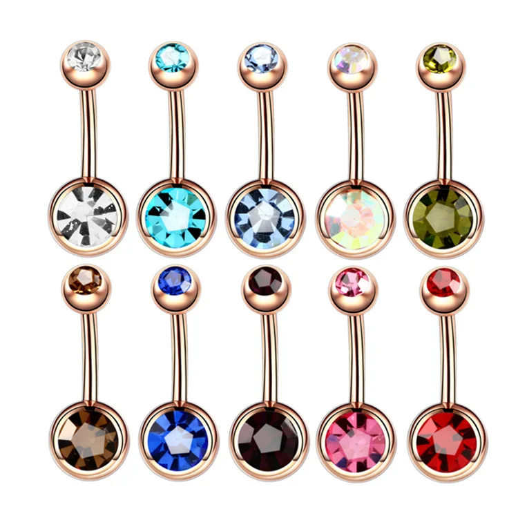 

Classic 14G Rose Gold Cubic Zirconia Belly Button Rings For Girl Summer Round Barbell Surgical Steel Belly Ring, Silver