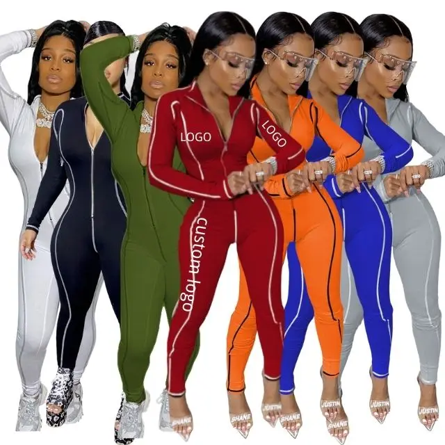 

Custom Long Sleeve Bodycon V Neck Sexy Womens Playsuit Activewear Zipper One Piece Sport Legging Rompers Women Jumpsuit