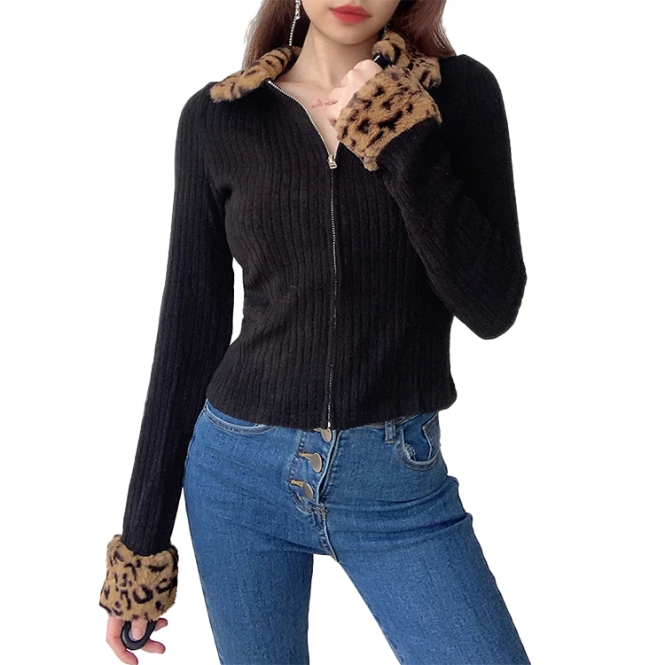 

European Casual Leopard Print Splicing Fur Turn Down Collar Long Sleeve Zipper Slim Solid Color Knitted Coat Female