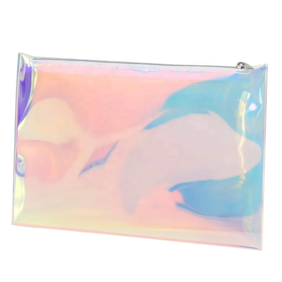 

Custom recyclable pink PVC holographic zipper bag with handle Custom eco friendly cosmetic packing holographic zipper bag