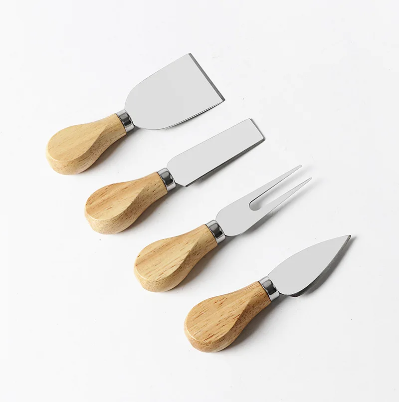 

4pcs/set Wholesale Baking Tools Cheese Set Cheese Butter Knife with Wooden Handle Stainless Steel Cheese Knife Pizza Cutter, As picture