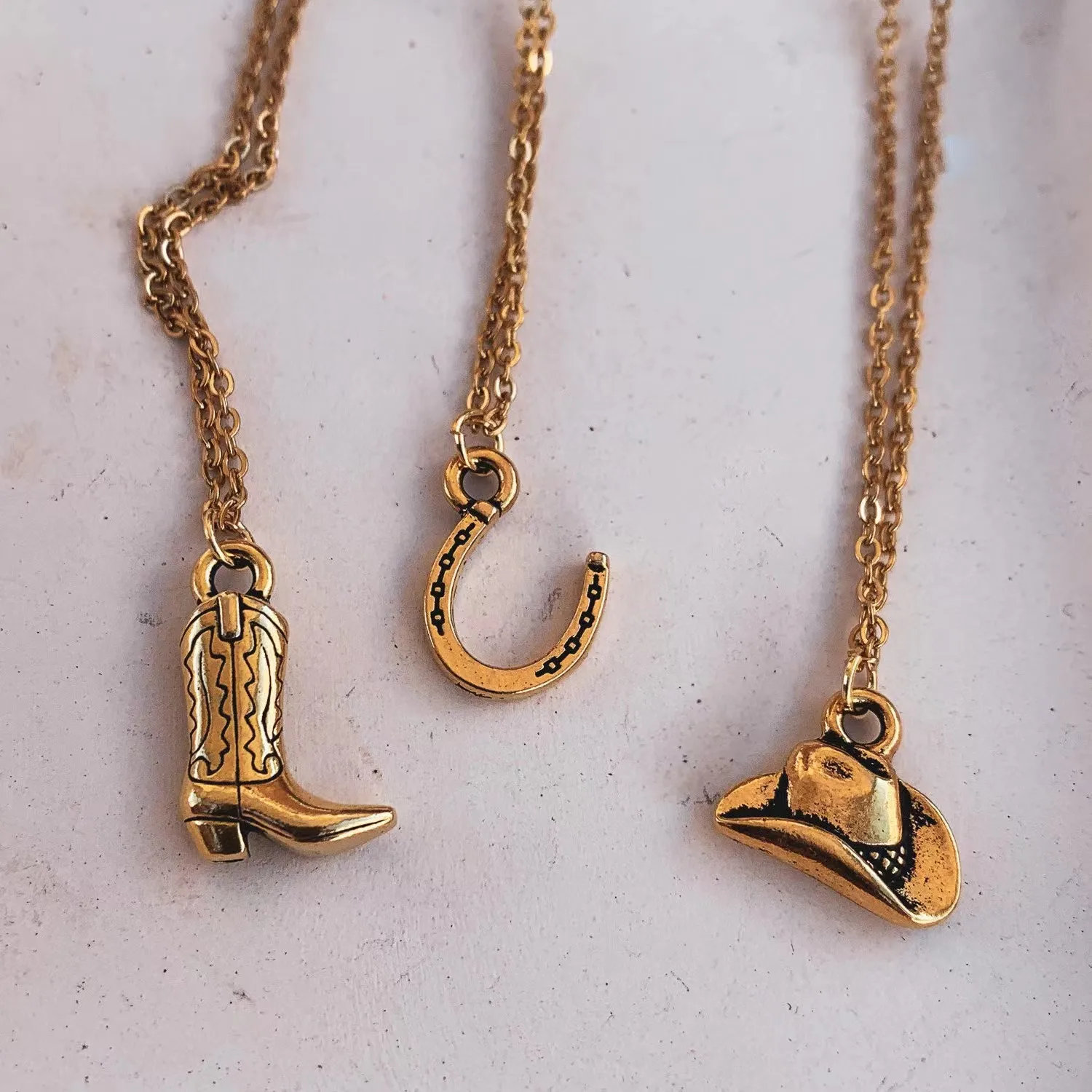 

Western style jewelry necklace gold plated horseshoe hat boot charms necklace