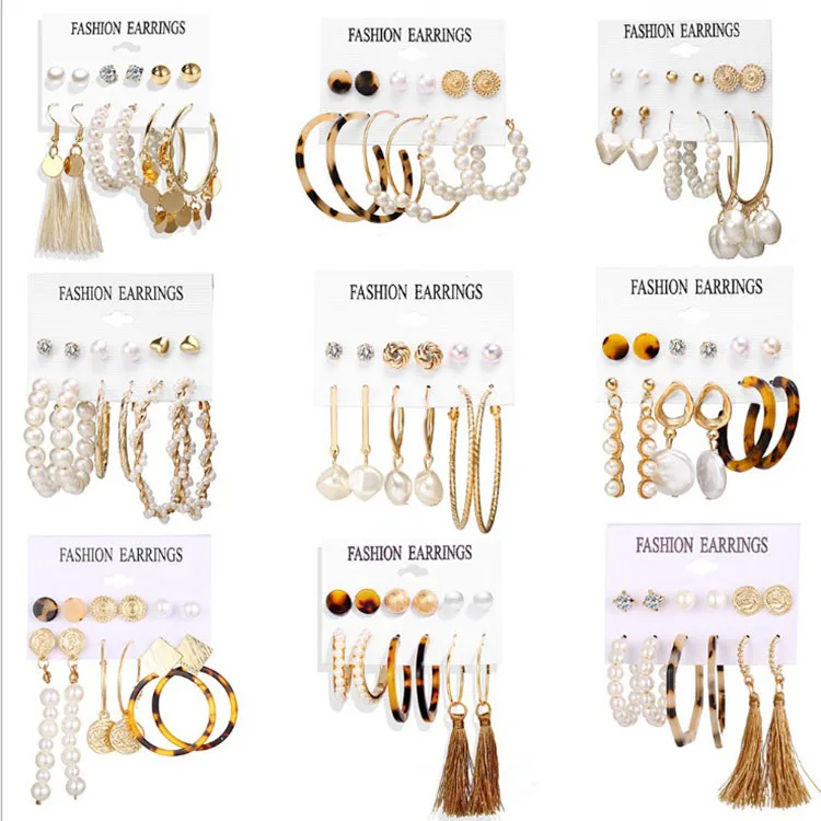 

Fashion earring set jewelry gold pearl stud statement geometric acrylic tassel hoop earrings for women