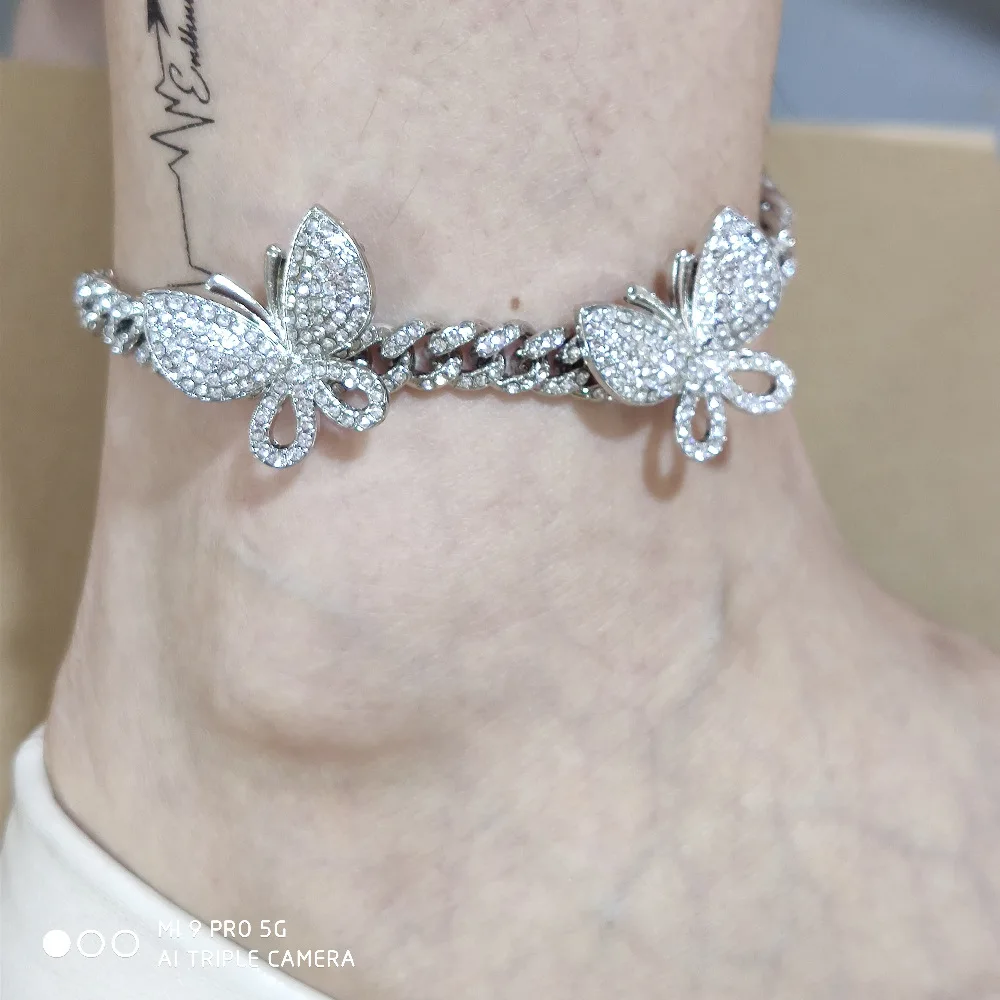 

crystal rhinestone 8mm width cuban chain butterfly charm bracelet anklet for women