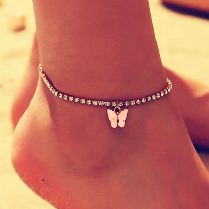 

Amazon Hot Selling anklet 18k Crystal Tennis Diamond anklet cuban butterfly anklet Jewelry women
