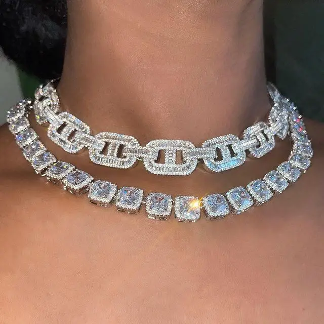 

2022 Iced Out Bling Women Choker Necklace 5A Clear Cubic Zirconia CZ Cluster Tennis Necklace, Silver