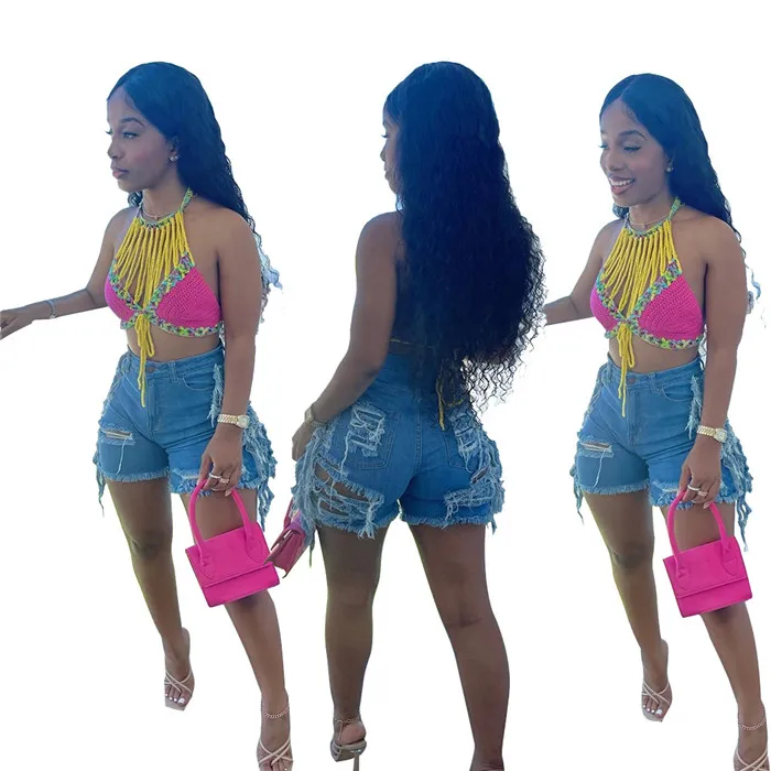 

W8393-2021 summer women clothing broken hole high waist tassel denim ripped shorts jeans femme
