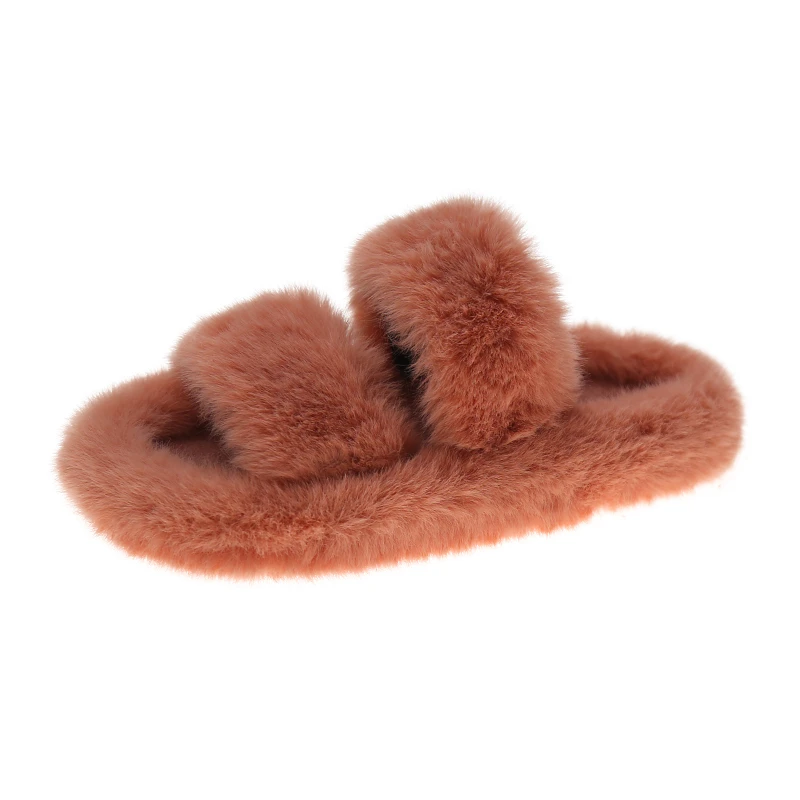 

Promotion Multi color Faux Fox Fur Women's Slippers Latest Fashion 2 Bands Soft Warm Furry Flat Home Slides Slipper