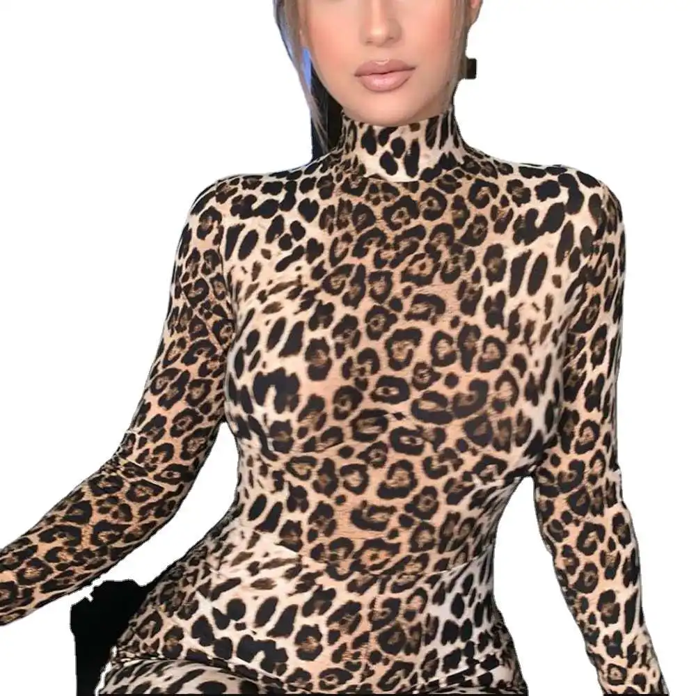 

Women Summer Clothes High Neck Leopard Printing Sexy Slim One Piece Short Jumpsuit, Picture