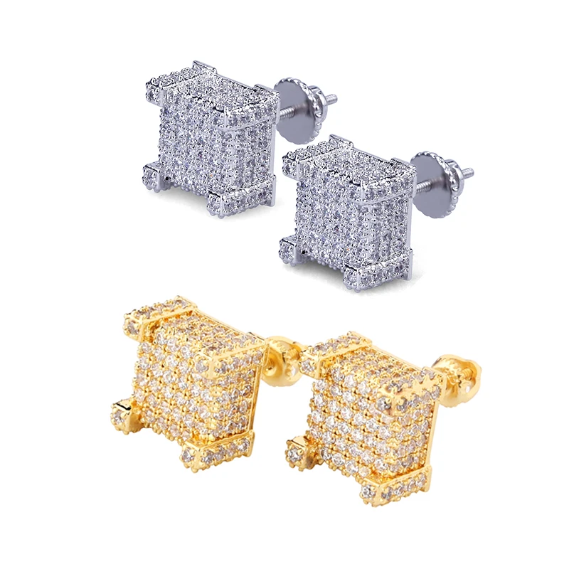 

High Quality Women Men 18k Gold Plated Screw Back Micro Pave Diamond Square Stud Earrings Jewelry, Gold/silver