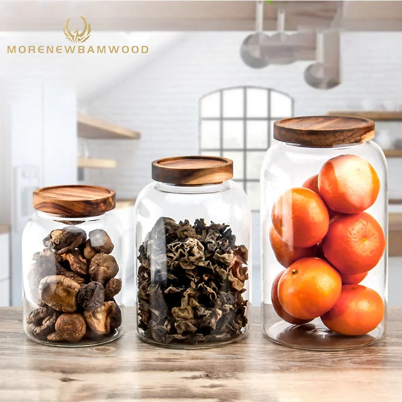 

Factoty outlet Acacia wood glass cover jar mixed grain dried fruit snack storage tank bamboo giass storage jar