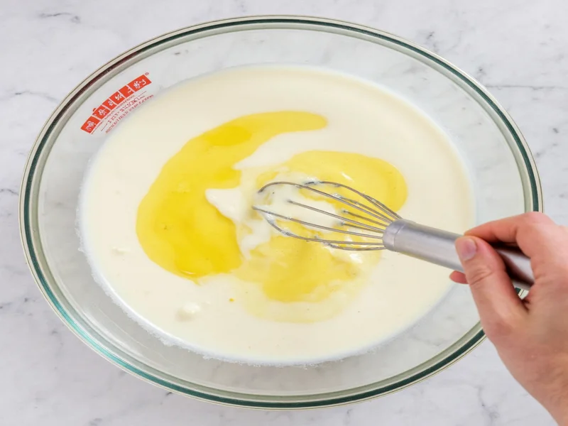 Whisking milk and melted butter mixture in glass bowl