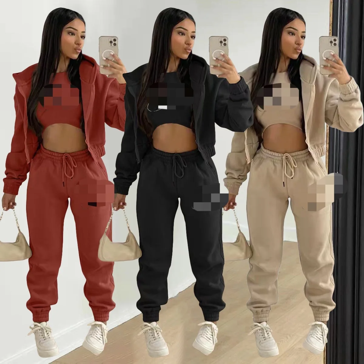 2022 New Design Women Clothing Sets Oem Custom Logo Tracksuit Lounge Wear Sweatpants and Hoodie 3 Piece Set