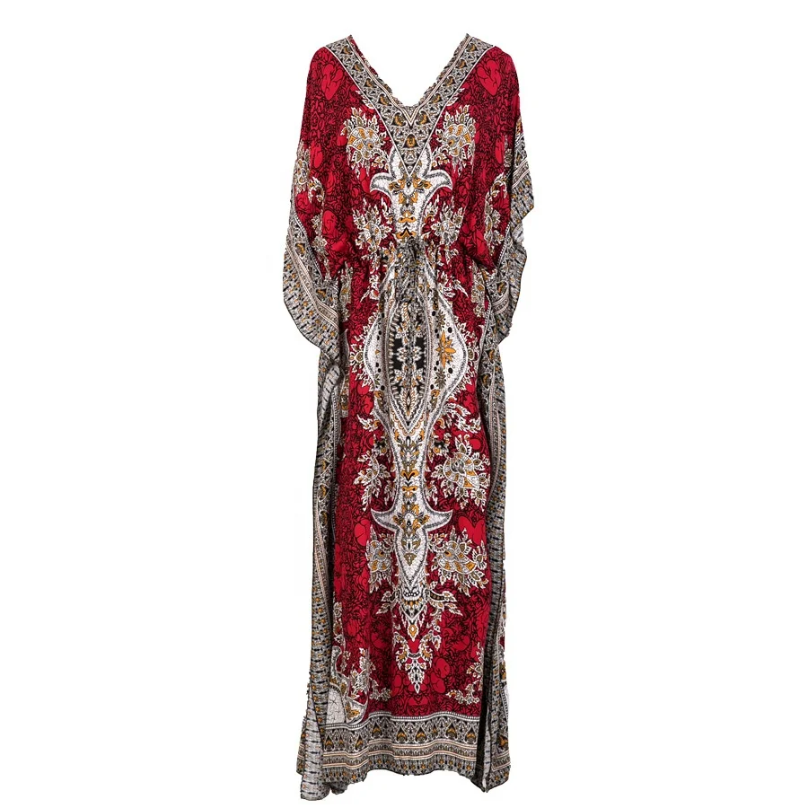 

Wholesale Women vintage elegant kaftans dress summer casual dress Bohemian robe lady boho beach dress girl v-neck beach vestidos