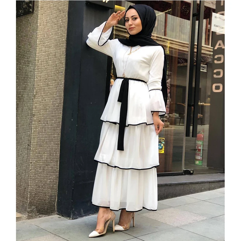 

2020 Hot Sale Women Black And White Muslim Dress Islamic Clothing