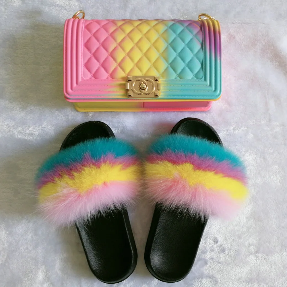 

Luxury style women's leather grass flat shoes fox fur slippers fur slide with wallet, Photo